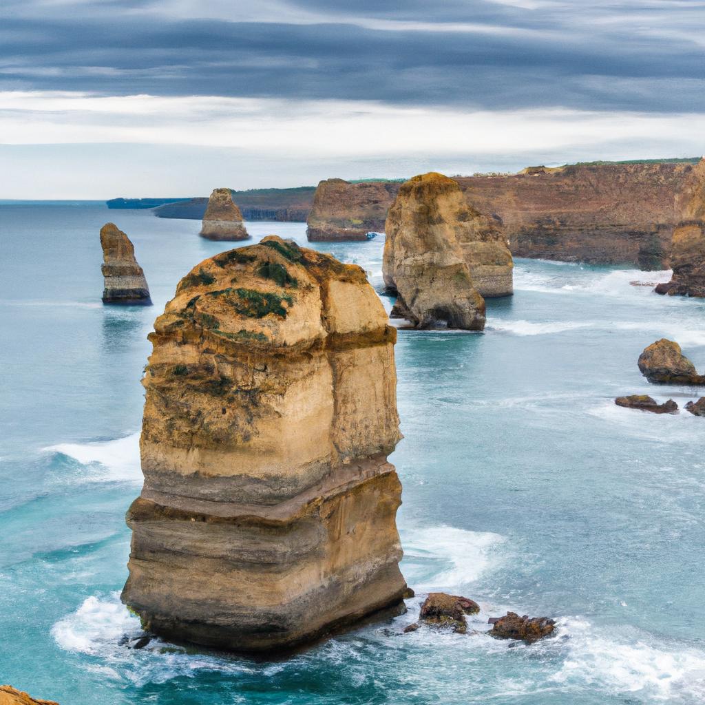 La Formación Rocosa De Los Doce Apóstoles En La Great Ocean Road De Australia Es Un Conjunto De Pilares De Piedra Caliza Que Emergen Del Océano Y Se Han Convertido En Un Icono Turístico.